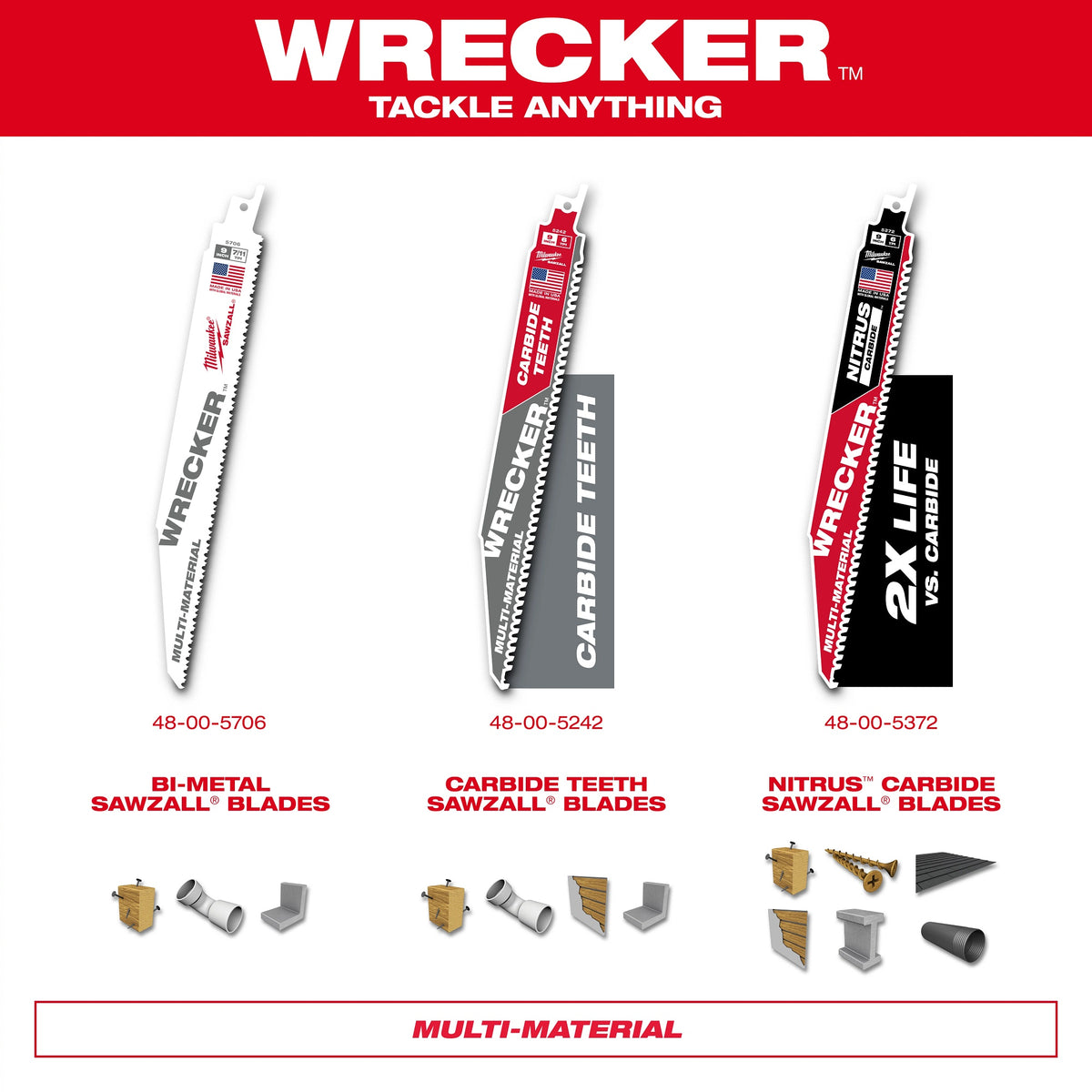 Milwaukee® 48-00-5241 WRECKER™ 34-Teeth Multi-Purpose Reciprocating Saw Blade, 6 in L, 6, Universal Tang