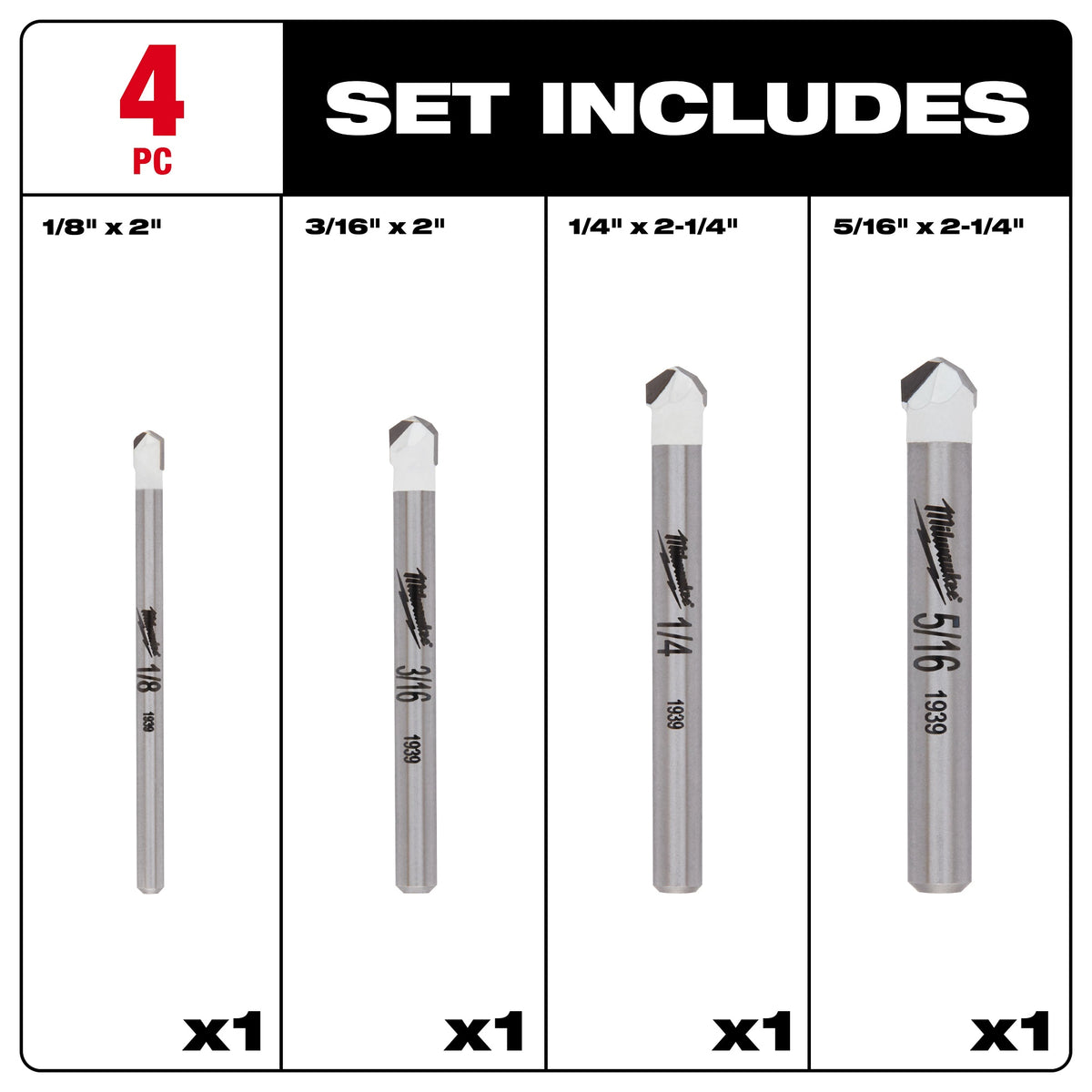 Specialty Single Ended Drill Bit Set - 4 Pieces - Carbide