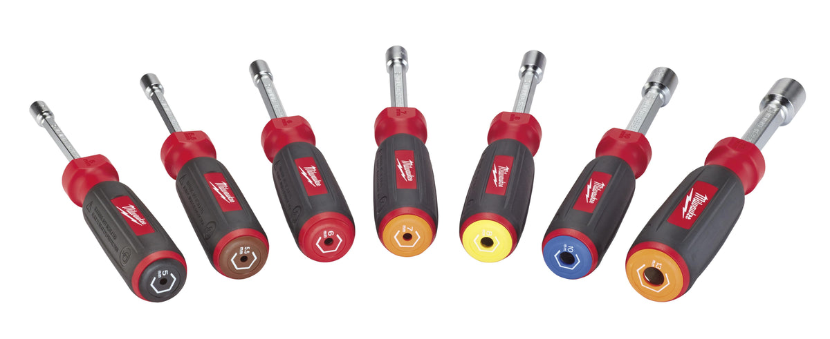 Milwaukee® HollowCore™ 48-22-2507 Magnetic Nut Driver Set, 1/4 to 9/16 in, 7 Pieces, 7-1/4 to 7-1/2 in OAL, Cushion Grip Handle, Steel, Polished Chrome