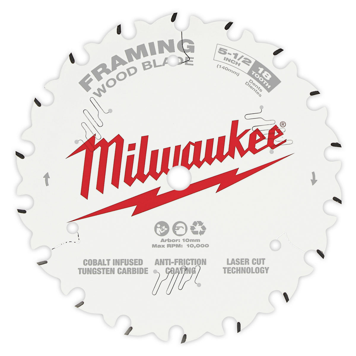 Milwaukee® 48-40-0520 Framing Thin Kerf Circular Saw Blade, 5-1/2 in Dia x 1.05 in THK, 10 mm Arbor, Carbide Blade, 18 Teeth