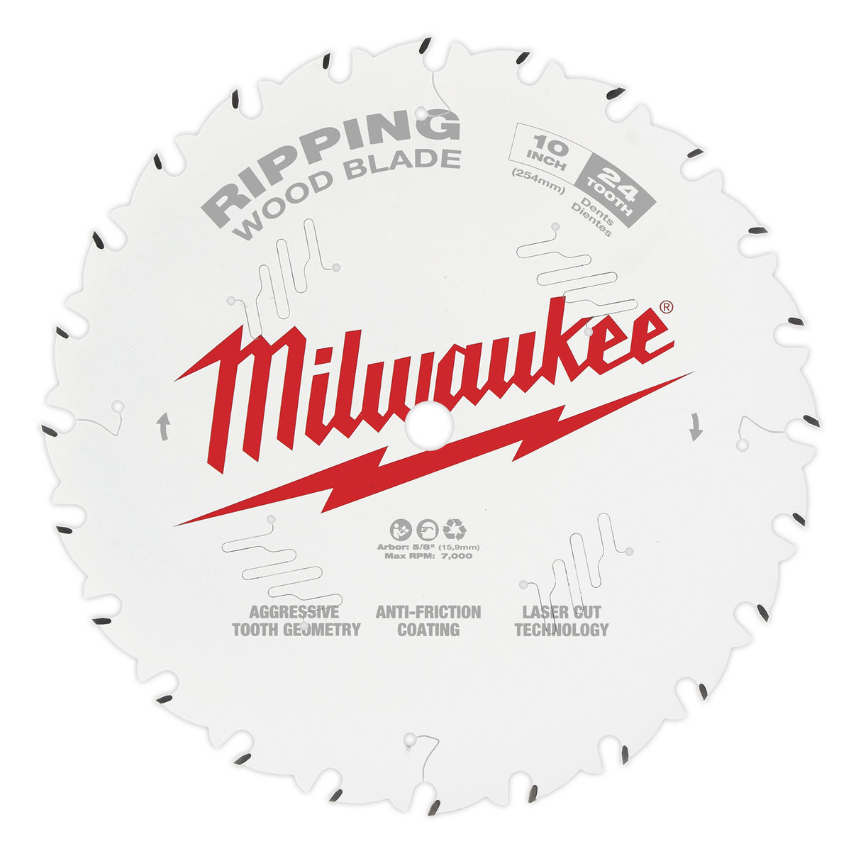 Milwaukee® 48-40-1020 Ripping Thin Kerf Circular Saw Blade, 10 in Dia x 1.05 in THK, 5/8 in Arbor, Carbide Blade, 24 Teeth