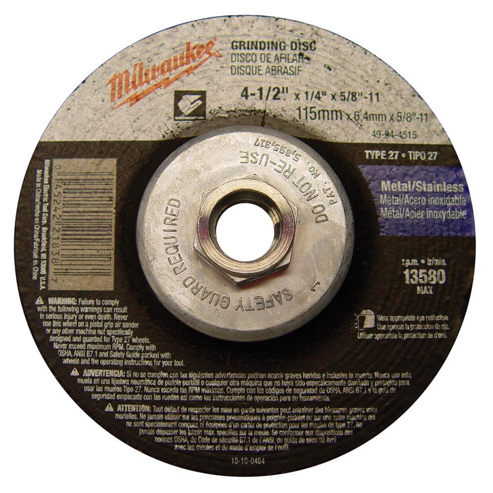 Milwaukee® 49-94-4515 Type 27 Reinforced Grinding Disc, 4-1/2 in Dia x 1/4 in THK, 5/8-11 Center Hole, 24 Grit, Aluminum Oxide Abrasive