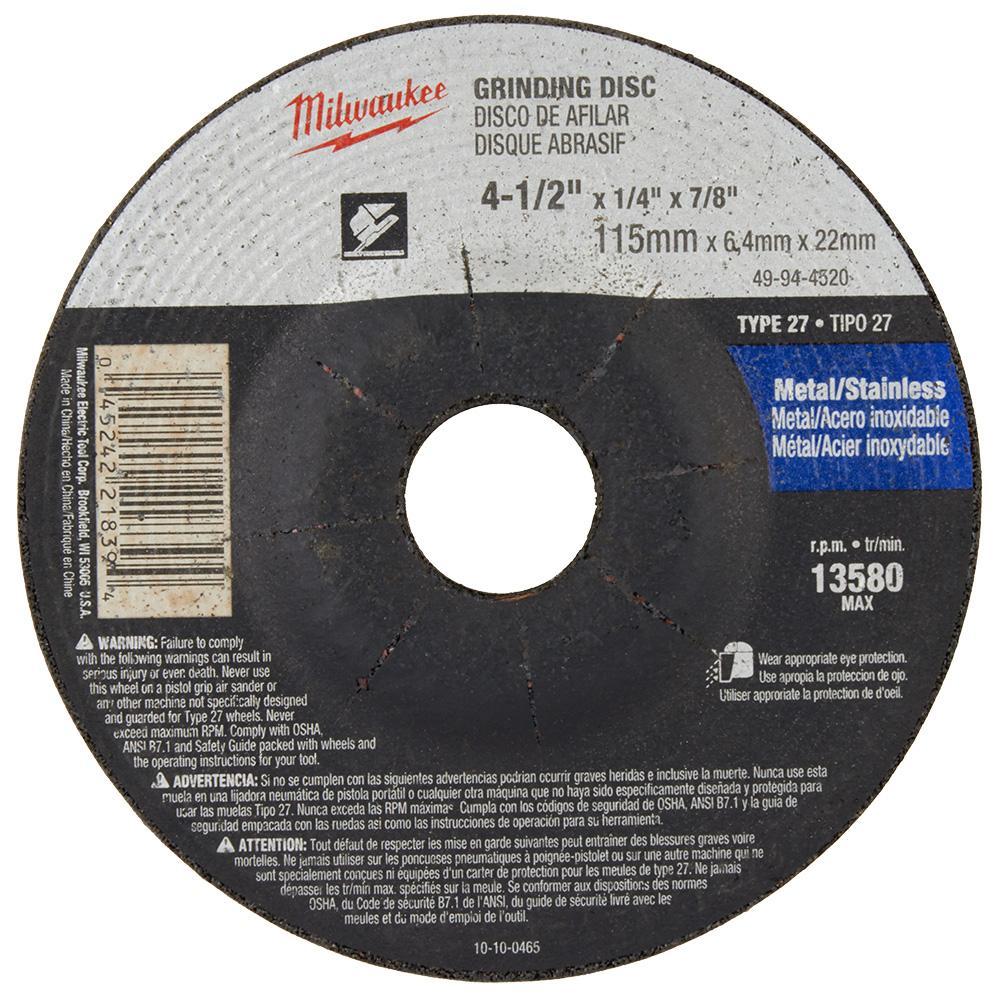 Milwaukee® 49-94-4520 Type 27 Reinforced Grinding Disc, 4-1/2 in Dia x 1/4 in THK, 7/8 in Center Hole, 24 Grit, Aluminum Oxide Abrasive