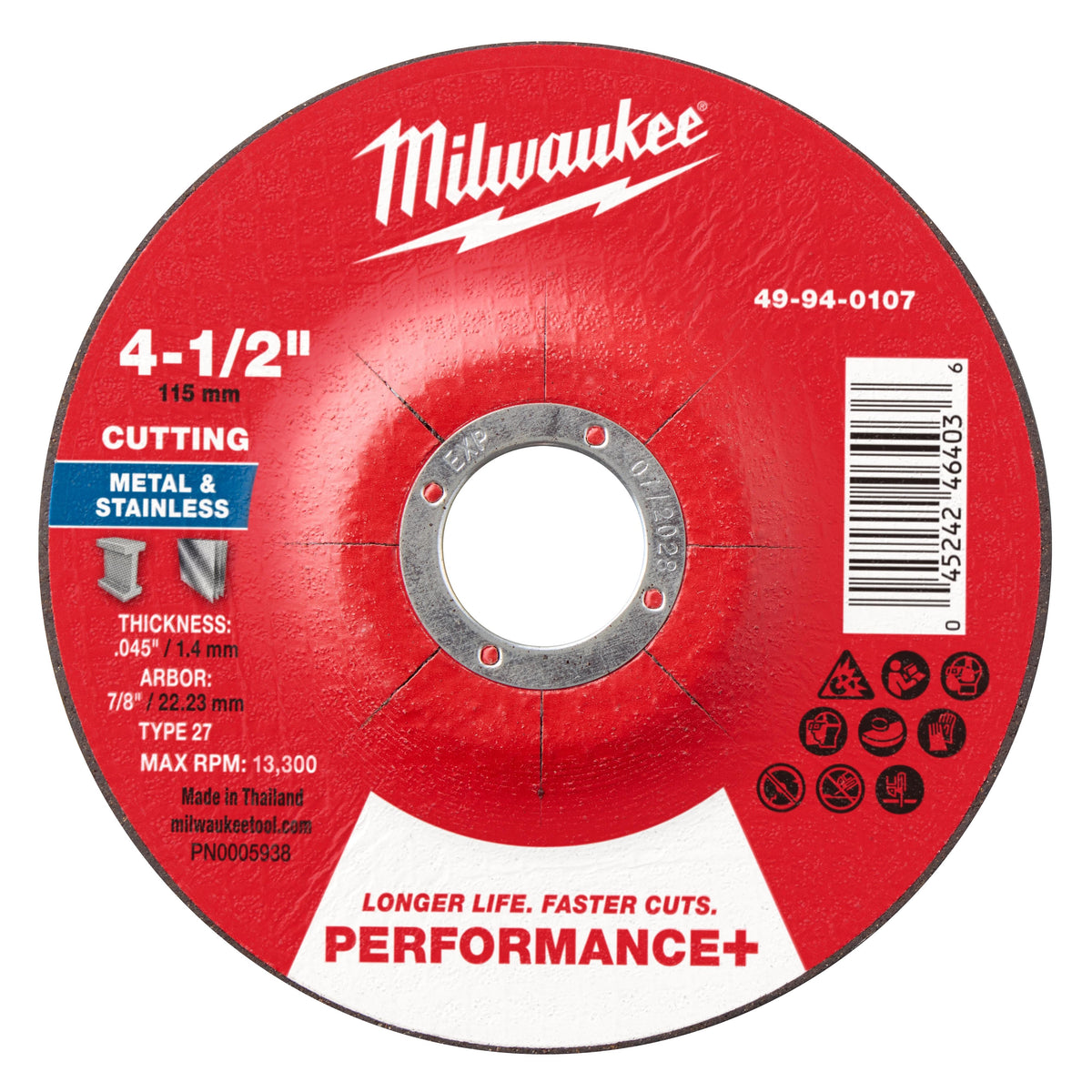Milwaukee® 49-94-0107 Wheel, 4-1/2 in Dia 0.045 in THK, 7/8 in Center Hole, Aluminum Oxide Abrasive