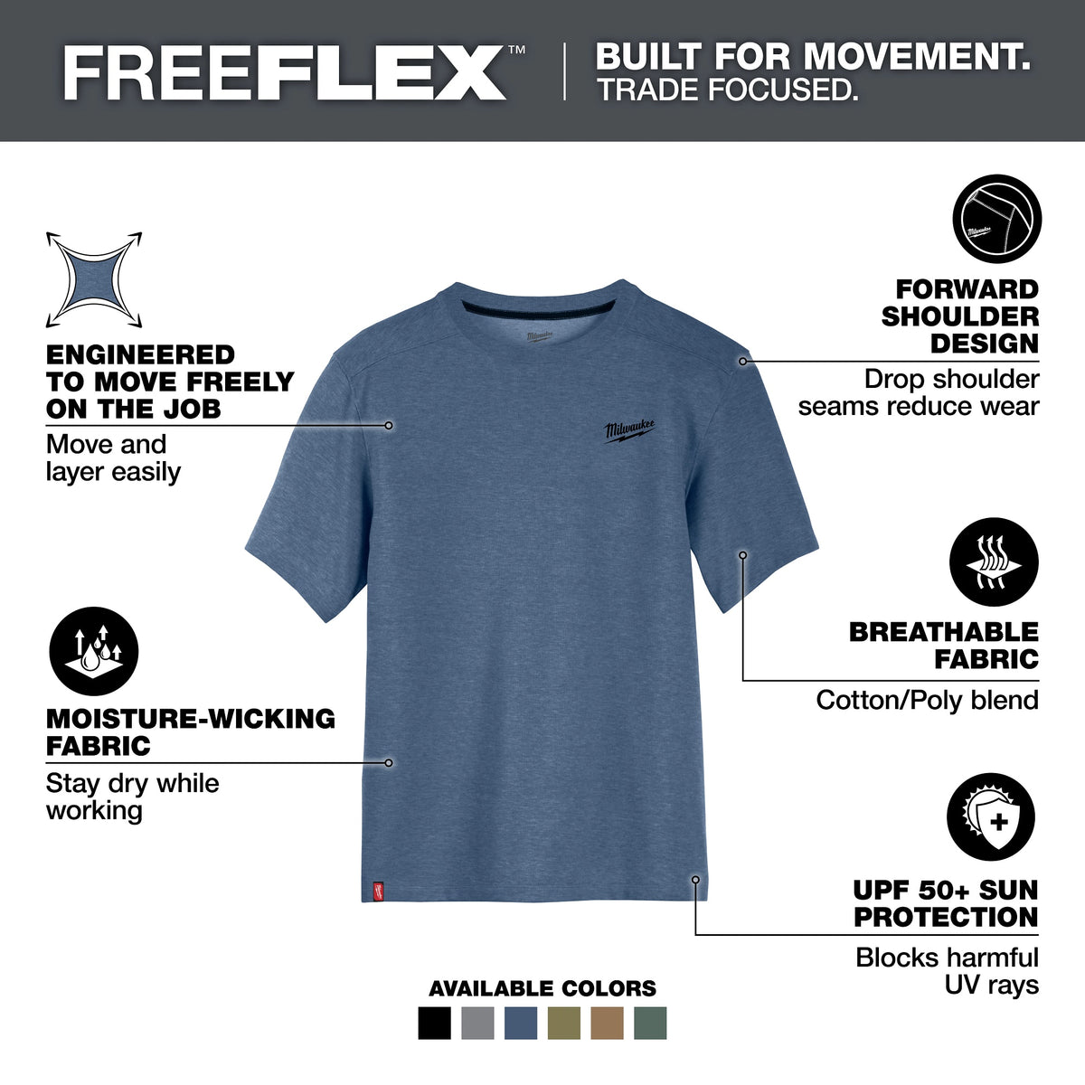 Milwaukee® 603BL-S Breathable Lightweight Short Sleeve Hybrid T-Shirt, Men's, S, Blue, Cotton/Polyester, 13 in L