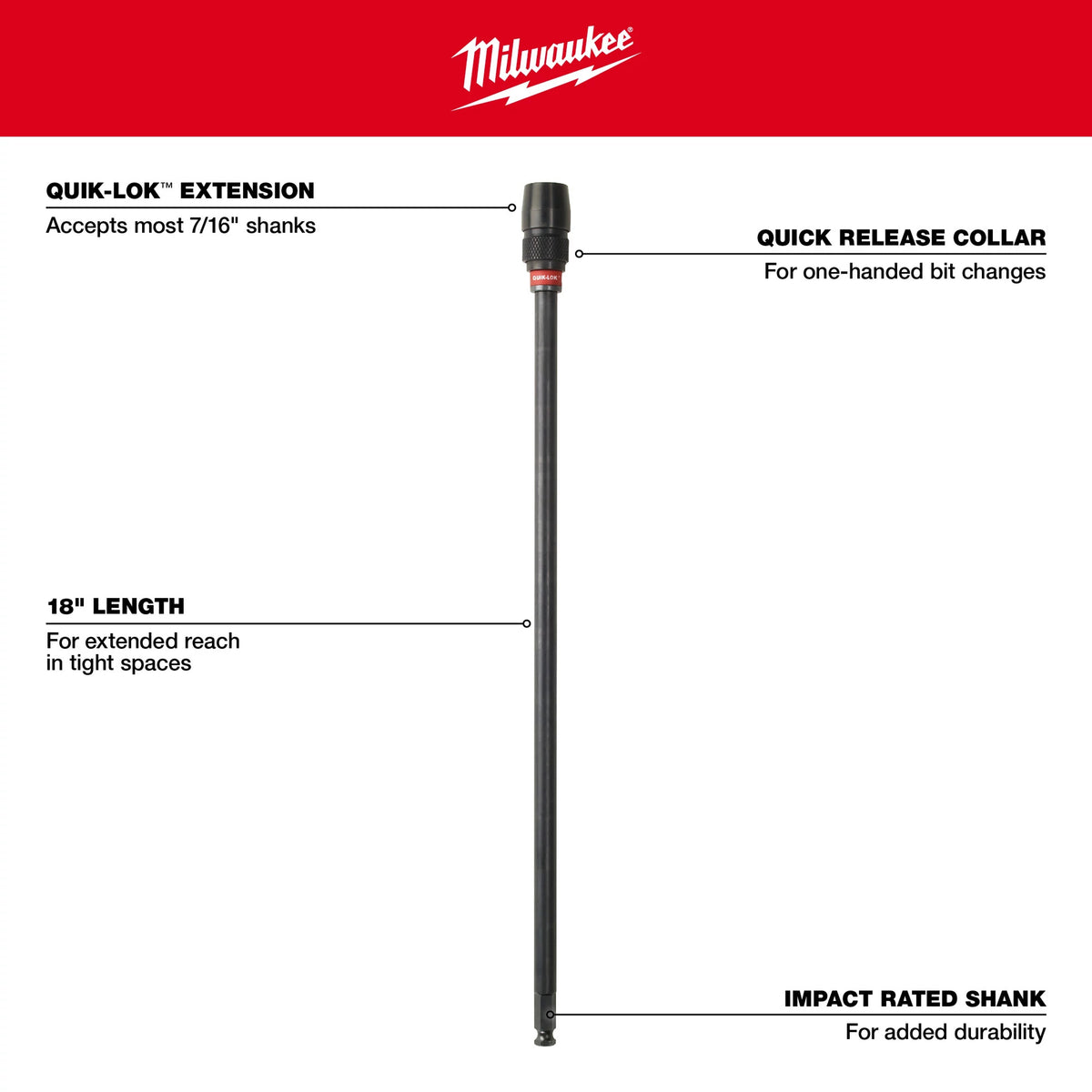 Universal Hex Drill Extension - 7/16" Shank - 18"