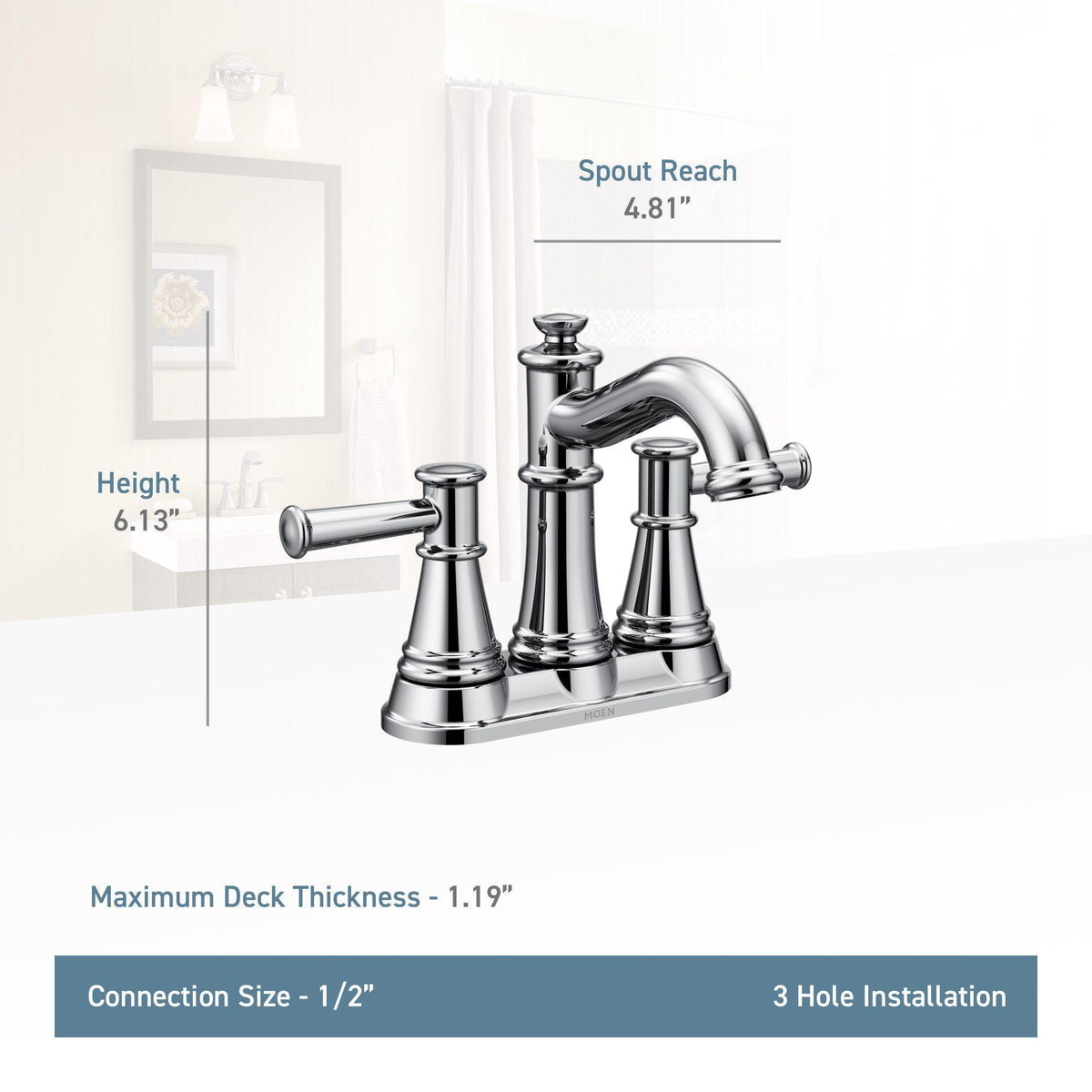 Moen® 6401NL Bathroom Faucet, Belfield™, Polished Nickel, 2 Handles, Lift Rod Drain, 1.2 gpm Flow Rate