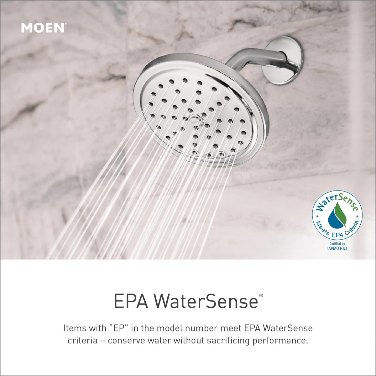 Moen® S6365EPNL Voss™ Eco-Performance Rainshower Spray Head, 1.75 to 2 gpm Max Flow, 1 Spray, 6 in W x 2-5/8 in D Head, Domestic