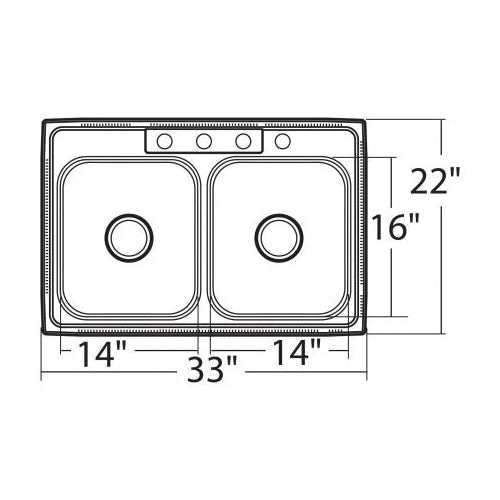 Moen® BG222174 2200 Drop-In Kitchen Sink, Stainless, Rectangle Shape, 14 in Left, 14 in Right L x 15-1/2 in Left, 15-1/2 in Right W, 4 Faucet Holes, 33 in L x 22 in W x 6-1/2 in H, Stainless Steel