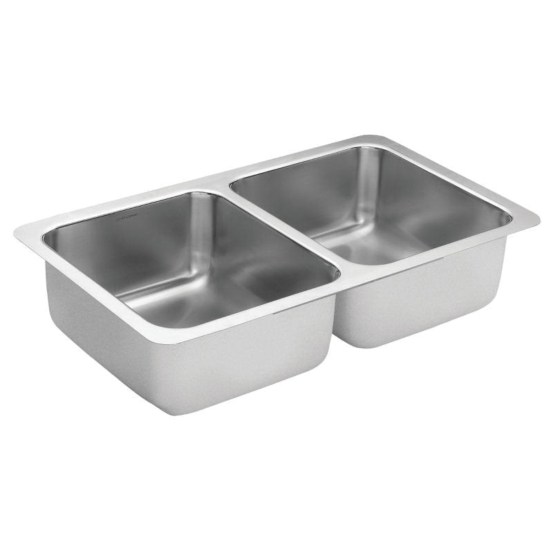 Moen® G18212B 1800 Kitchen Sink, Rectangle Shape, 14 in Left, 14 in Right L x 16 in Left, 16 in Right W Bowl x 9 in Left, 9 in Right D Bowl, 31-1/4 in L x 18 in W, Undermount Mounting, Stainless Steel