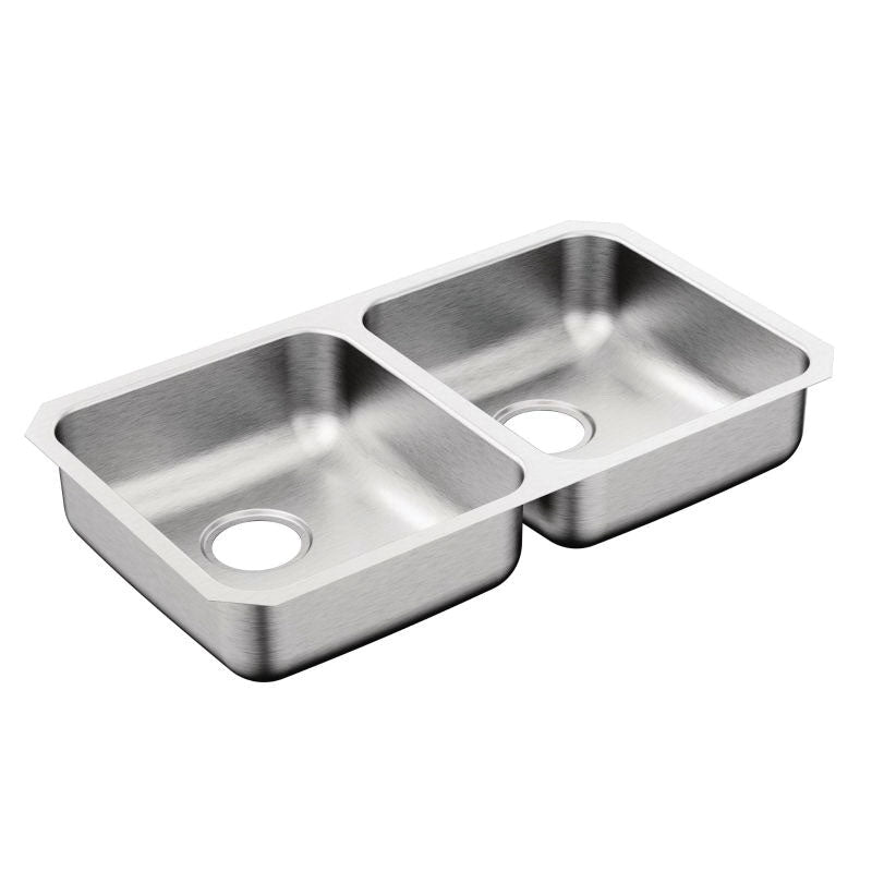 Moen® G20214B 2000 Kitchen Sink, Rectangle Shape, 14 in Left, 14 in Right L x 16-21/32 in Left, 16-21/32 in Right W Bowl x 6 in Left, 6 in Right D Bowl, 31.3 in W, Undermount Mounting, Stainless Steel