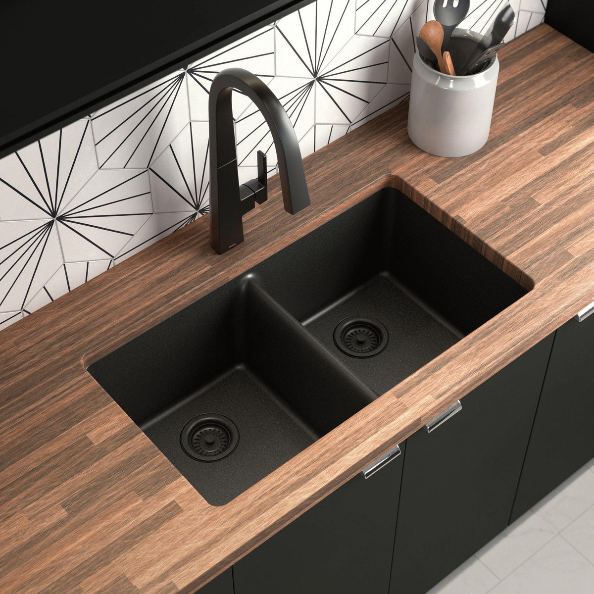 Moen® GGB4012B Dual Mount Sink, Matte Black, 14-1/4 in L x 16-3/16 in W Bowl x 9-1/2 in D Bowl, 33 in W x 18-1/2 in D x 9-1/2 in H, Undermount Mounting, Granite