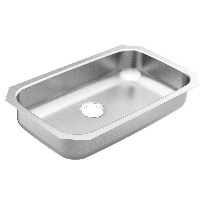 Moen® GS18161 1800 Rear Center Drain Sink, Stainless Steel, 28 in L x 15-3/4 in W Bowl x 6 in D Bowl, 30-1/2 in L x 18-1/4 in W, Undermount Mounting, 18 ga Stainless Steel