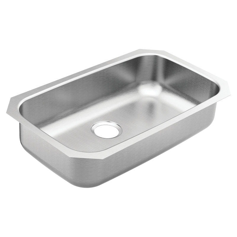 Moen® GS18163B 1800 Rear Center Drain Sink, Stainless Steel, 28 in L x 15-3/4 in W Bowl x 7 in D Bowl, 30-1/2 in L x 18-1/4 in W, Undermount Mounting, 18 ga Stainless Steel