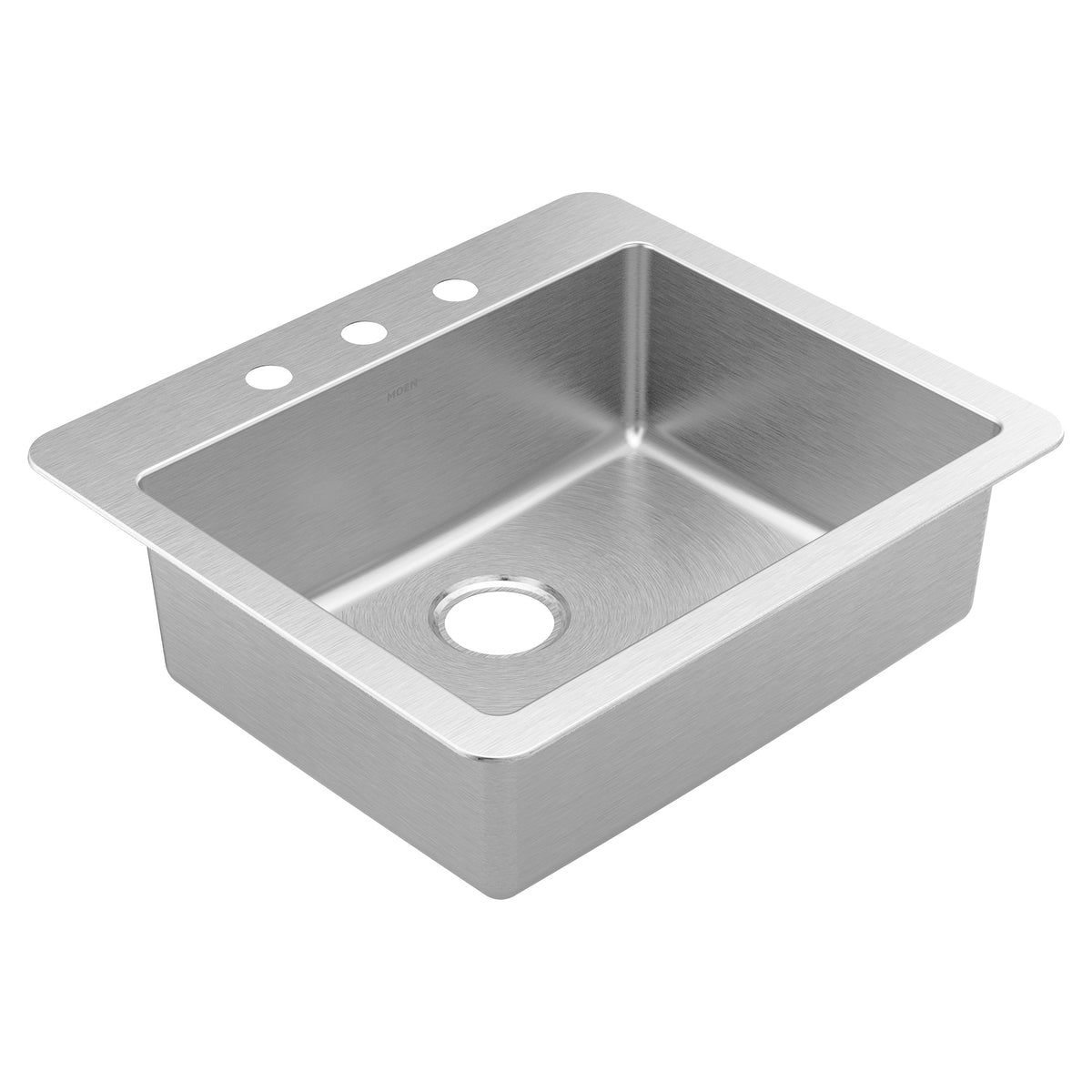 Moen® GS181723B High Quality Sink, Rectangle Shape, 25 in L x 22 in W Bowl x 8 in D Bowl, 3 Faucet Holes, 22 in W x 8 in D x 25 in L, Drop-In Mounting, Stainless Steel