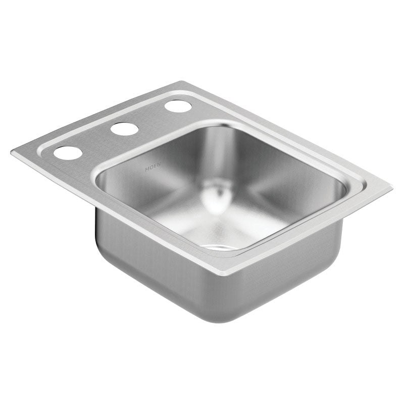Moen® GS181873 1800 Bar/Prep Sink, 3 Faucet Holes, 13 x 17 in, Drop-In Mounting, Stainless Steel, Domestic