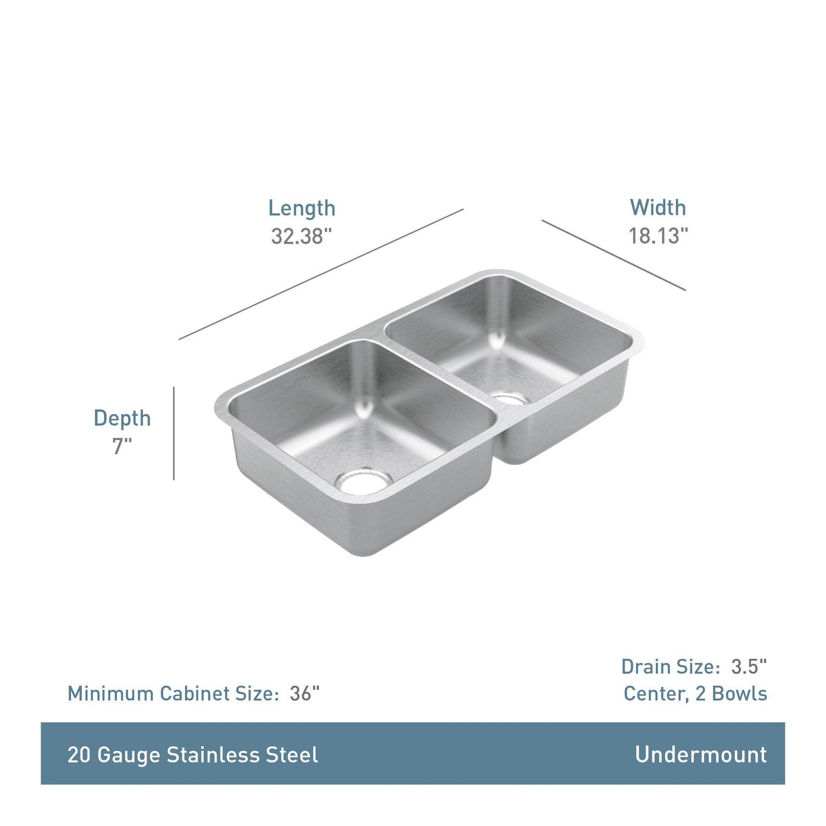 32-3/8" Center Drain Kitchen Sink - Undermount - Double Bowl