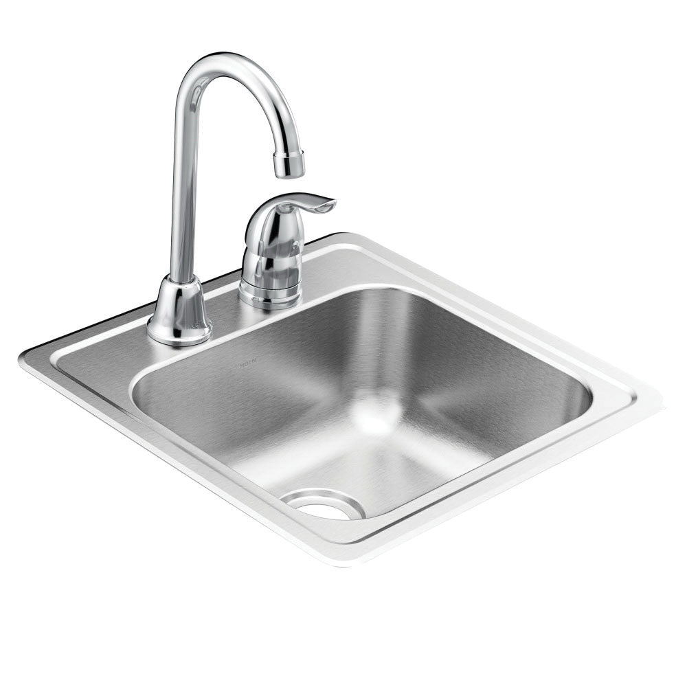 Moen® KGS2045622BQ 2000 Bar Sink, Brushed Satin Stainless, 12 in L x 12 in W Bowl x 5-1/2 in D Bowl, 2 Faucet Holes, 15 in L x 15 in W, Drop-In Mounting, 20 ga Stainless Steel