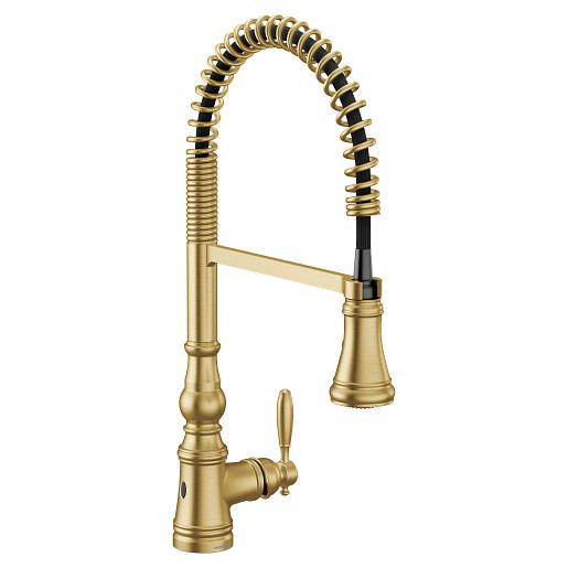 Moen® S73104EWBG S73104EW Weymouth Flexible Faucet, 1.5 gpm Flow Rate, Brushed Gold, 1 Handles, 3 Faucet Holes, Function: Touchless, Domestic
