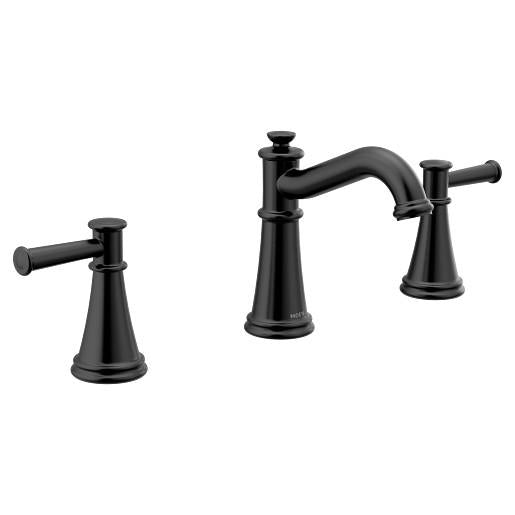 Moen® T6405BL Belfield™ High Arc Bathroom Faucet, 1.2 gpm Flow Rate, 4-1/2 in H Spout, 8 to 16 in Center, Matte Black, 2 Handles, Pop-Up Drain, Domestic