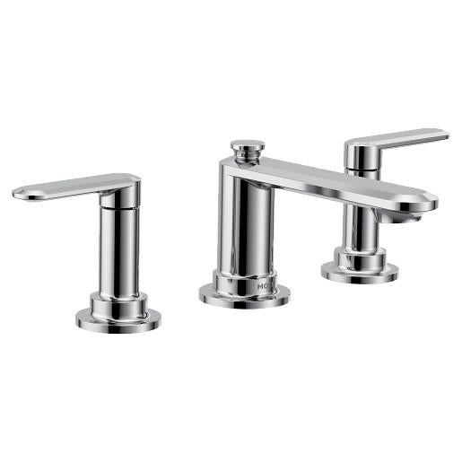 Moen® TV6507 Greenfield™ Low Arc Bathroom Faucet, 1.2 gpm Flow Rate, 2-3/4 in H Spout, 8 to 16 in Center, Chrome, 2 Handles, Lift Rod Drain, Domestic