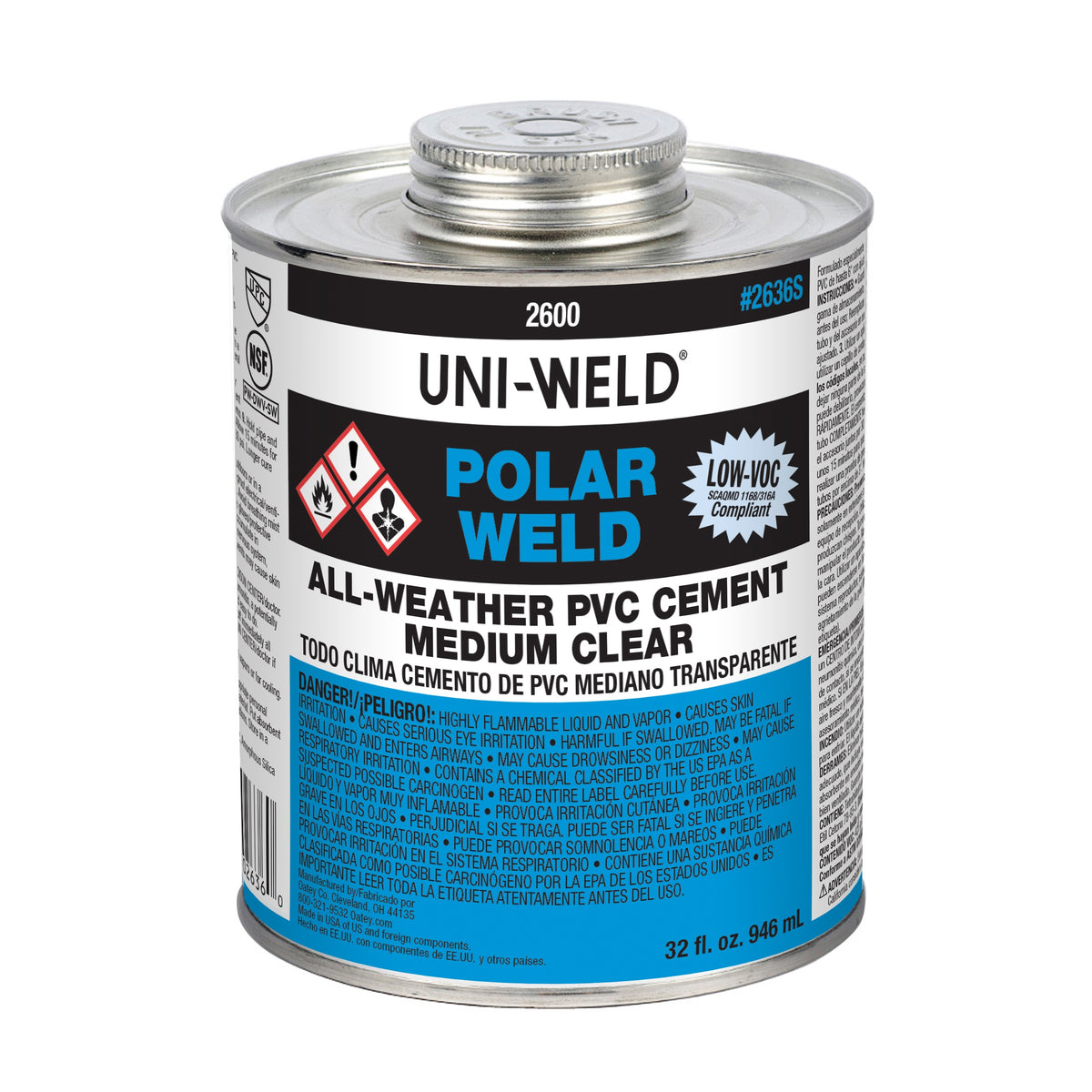 Oatey® 2636S 2600 All Weather Low VOC PVC Solvent Cement, 32 oz Container, Clear, For Use With All Classes and Schedules of PVC Pipe and Fittings Upto 6 in Dia with Interference Fit
