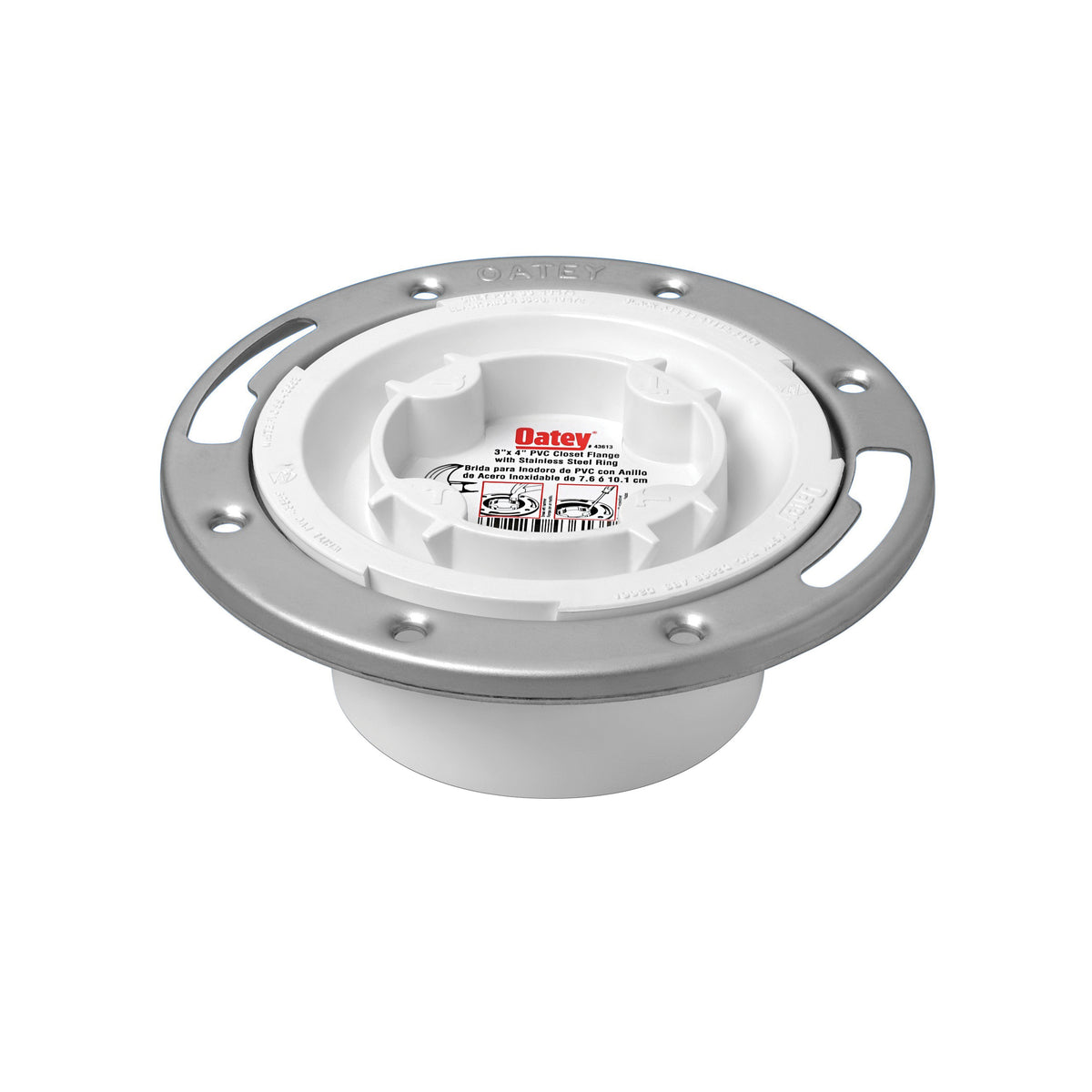 Oatey® 43613 Closet Flange With Test Cap and Stainless Steel Ring, 3.52 in ID x 3.96 in OD, 3 or 4 in Pipe, PVC, Domestic