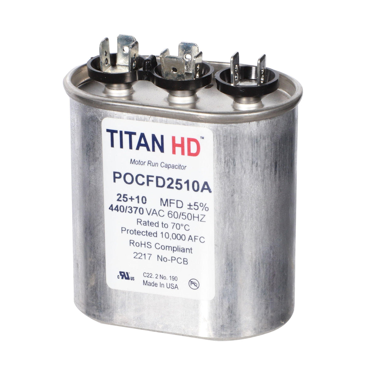 Packard POCFD2510A Titan HD Capacitor, 2510 mfd, 440/370 V AC, 50/60 Hz, Oval Shape, Domestic