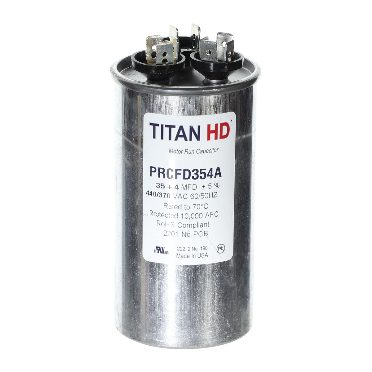 Packard PRCFD354A Titan HD Capacitor, 354 mfd, 440/370 V AC, 50/60 Hz, Round Shape, Domestic