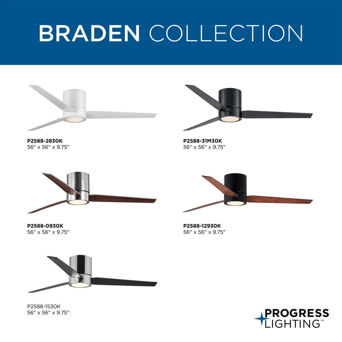 Progress Lighting® P2588-1530K Braden Hugger Modern Ceiling Fan, 13 deg Blade Pitch, Steel Housing, Plywood Blade, 4263 cfm Flow Rate