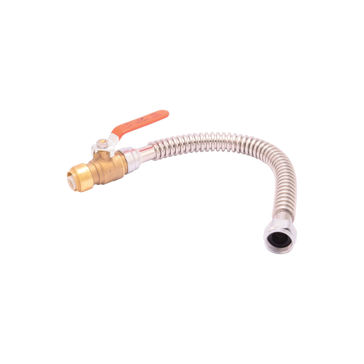 Sharkbite® SS3068FLEX18BV Corrugated Water Heater Supply Connector With Ball Valve, 1/2 x 3/4 in, Push-Fit x FNPT, 18 in L, Stainless Steel, Import