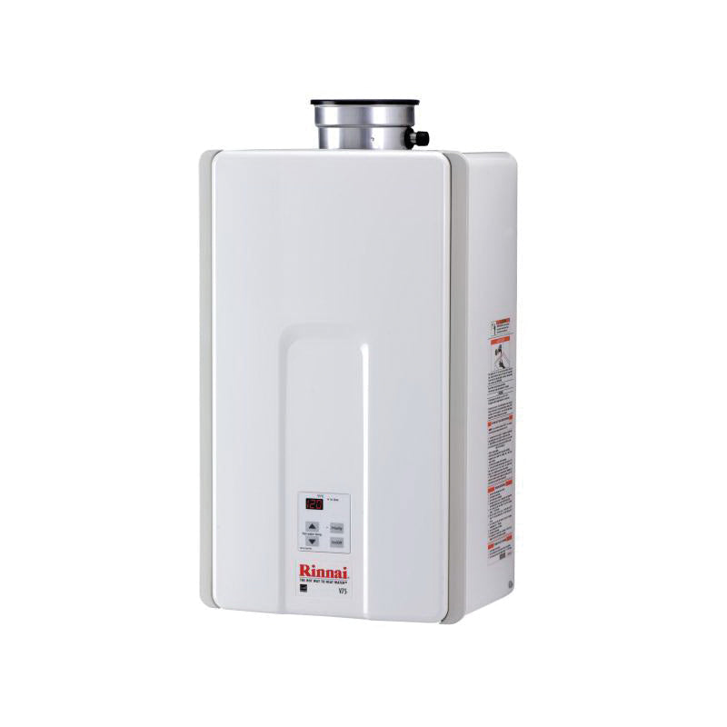 Rinnai® V75iN HE Series Tankless Water Heater, Liquid Propane Fuel, 180000 Btu/hr, Indoor, Non-Condensing, 7.5 gpm, Direct Vent, 0.82, Residential