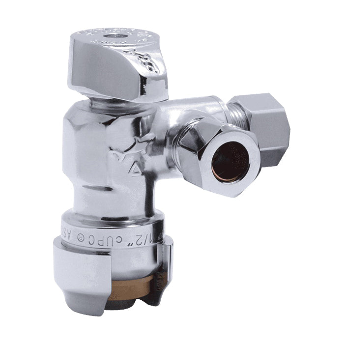 Sharkbite® 25558LF Dual Outlet Angle Stop, 1/2 x 3/8 x 3/8 in Nominal, Compression End Style, 200 psi Pressure, Brass Body, Polished Chrome, Import