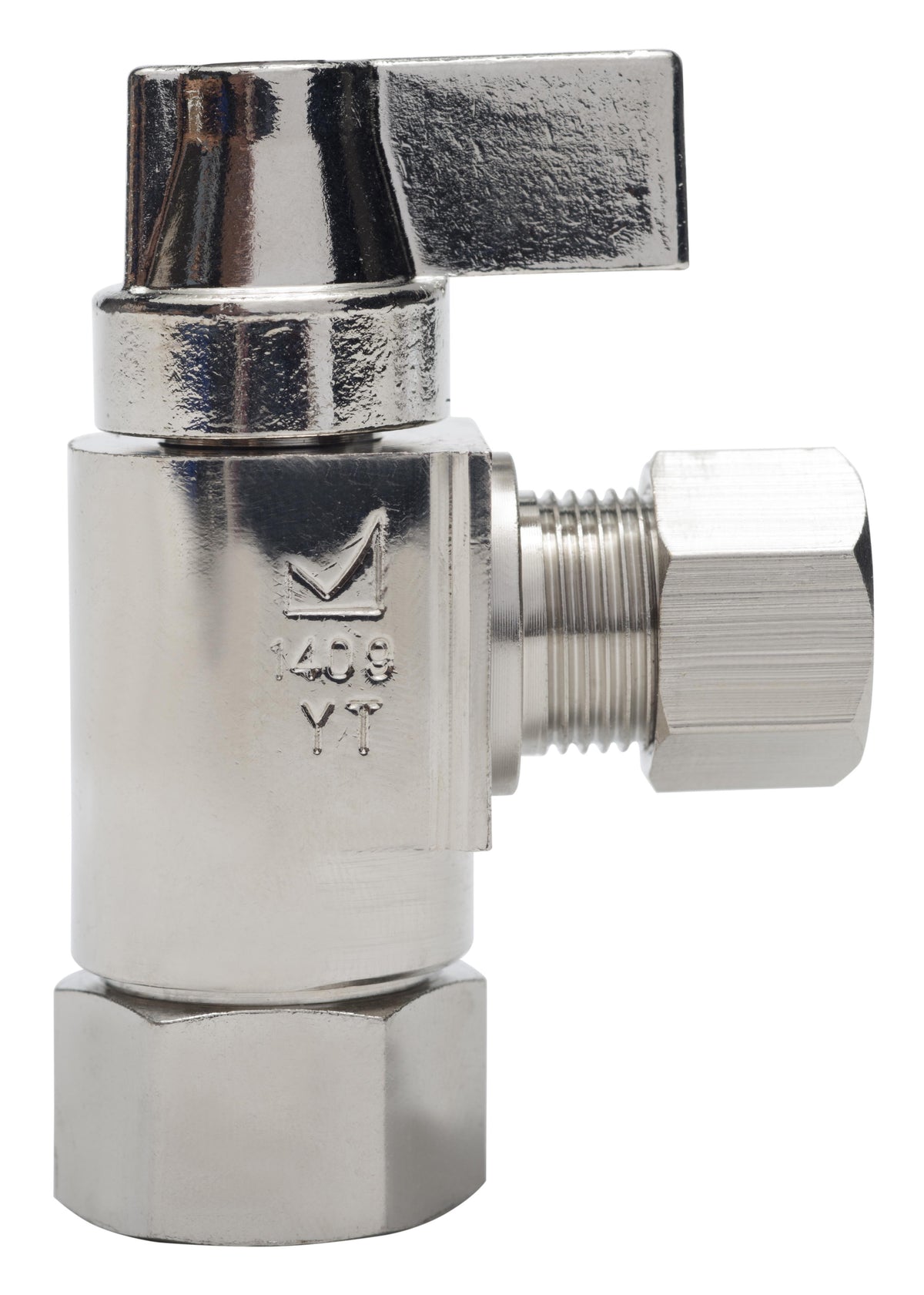 Sioux Chief 130-G1F1C 1/4 Turn Angle Supply Stop, 3/8 in Nominal, FNPT x Compression, Brass Body, Nickel Plated, Import