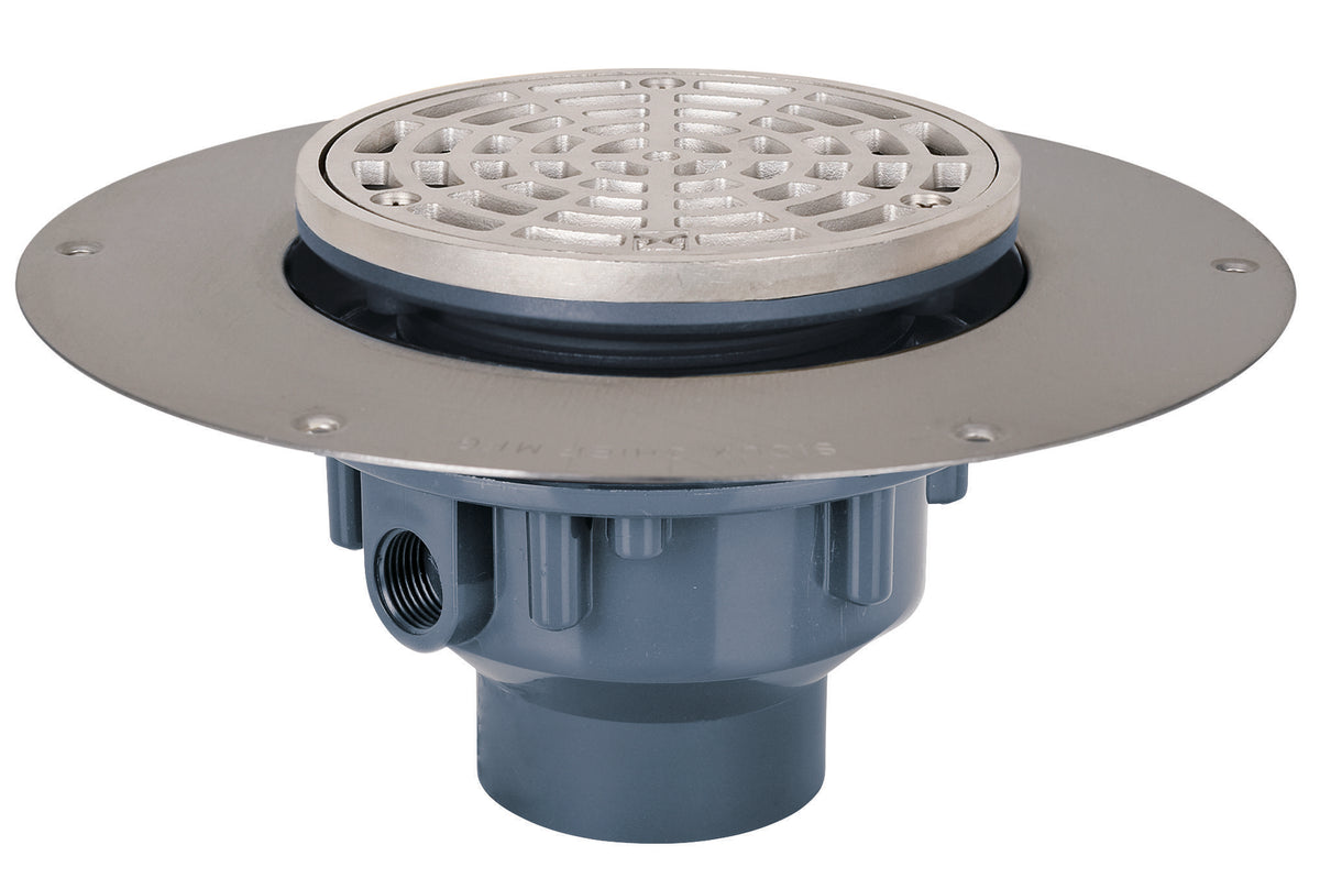Sioux Chief Halo™ 822-2PSR Adjustable Floor Drain With Round Ring and Strainer, 2 in Outlet, Hub Connection, PVC Drain