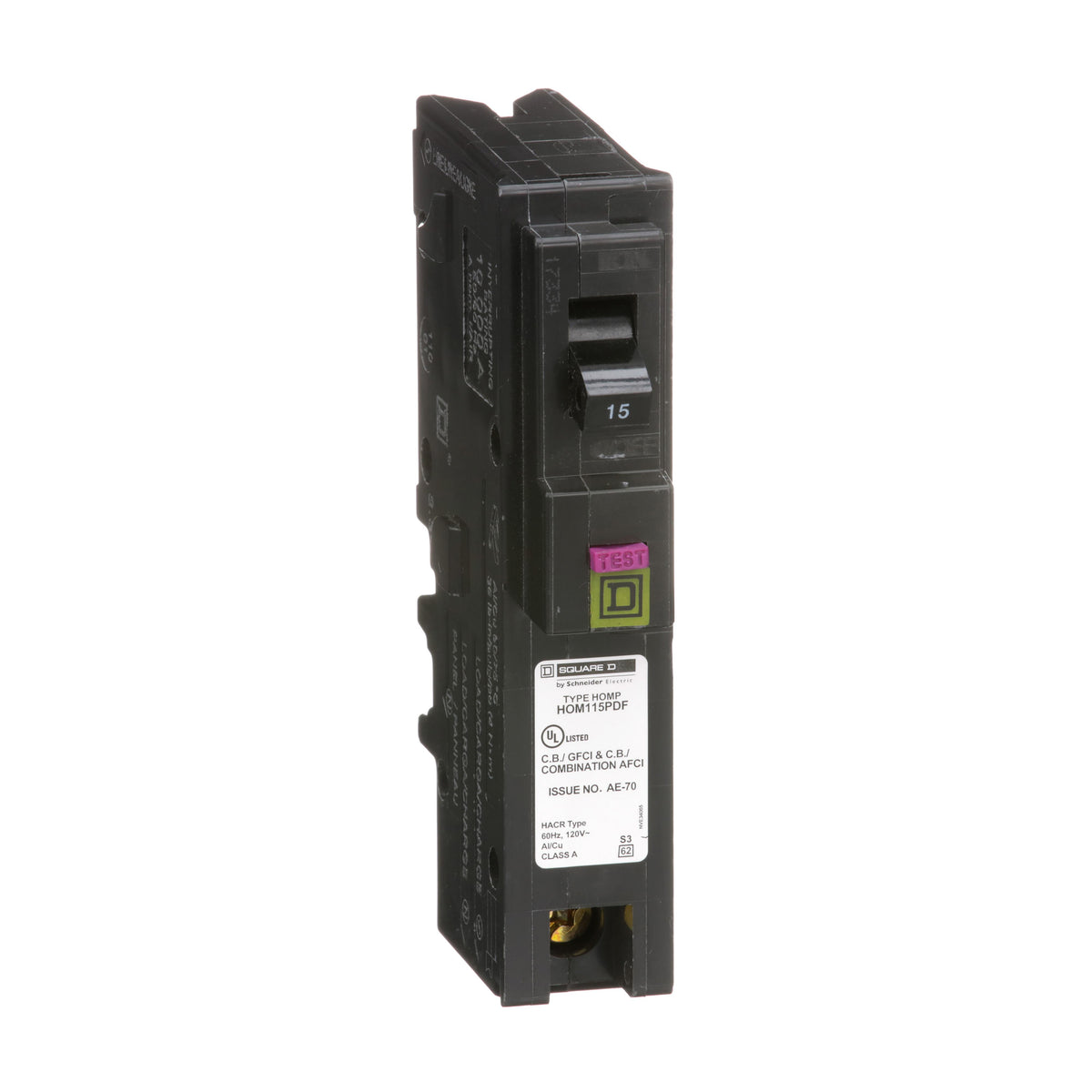 Square D™ Homeline™ HOM115PDF Dual Function Combination Miniature Circuit Breaker, 120 V AC, 15 A, 10 kA Interrupt, 1 Pole, Thermal Magnetic Trip
