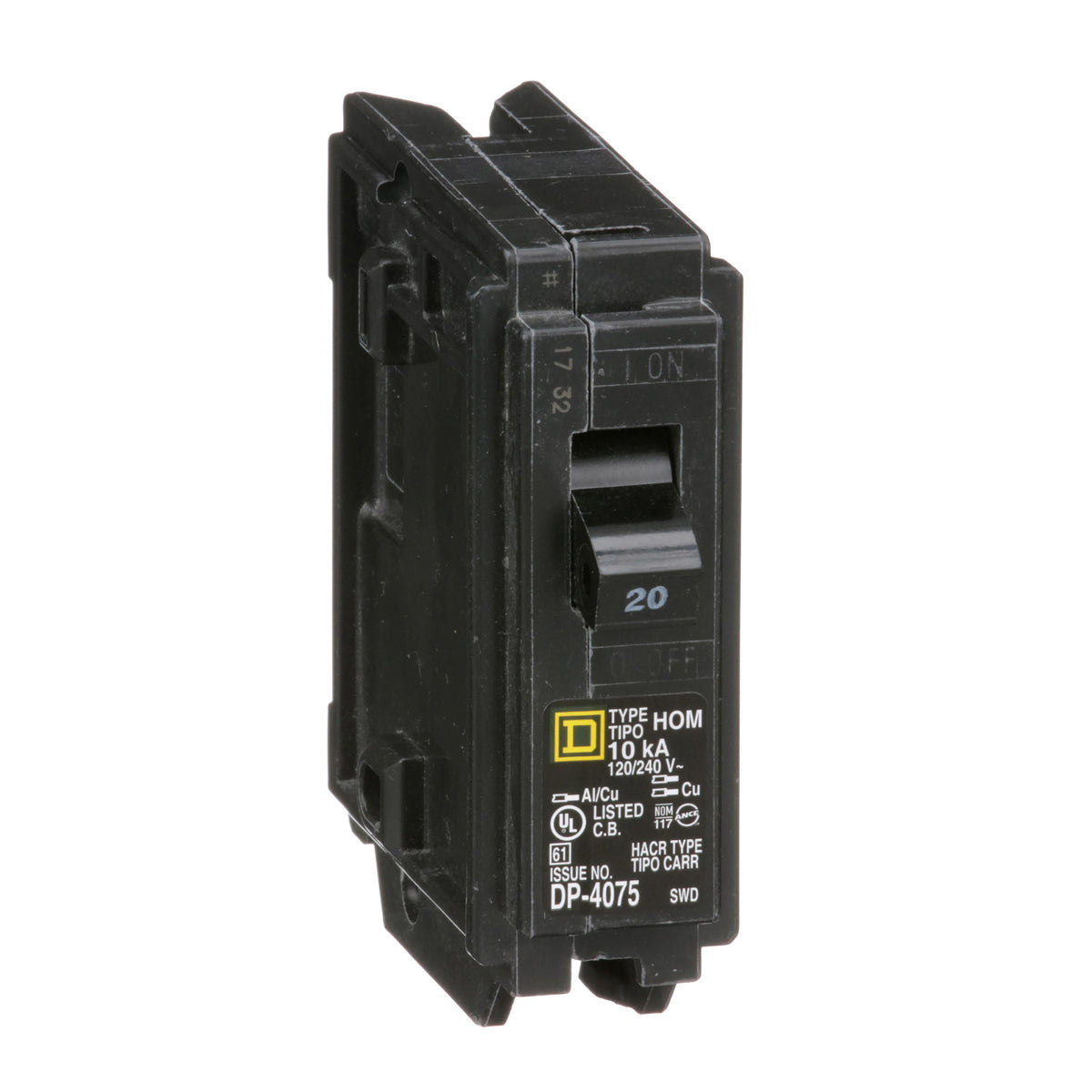 Square D™ HOM120CP HOM Standard Circuit Breaker, 120, 240 V AC, 20 A, 10 kA Interrupt, 1 Poles