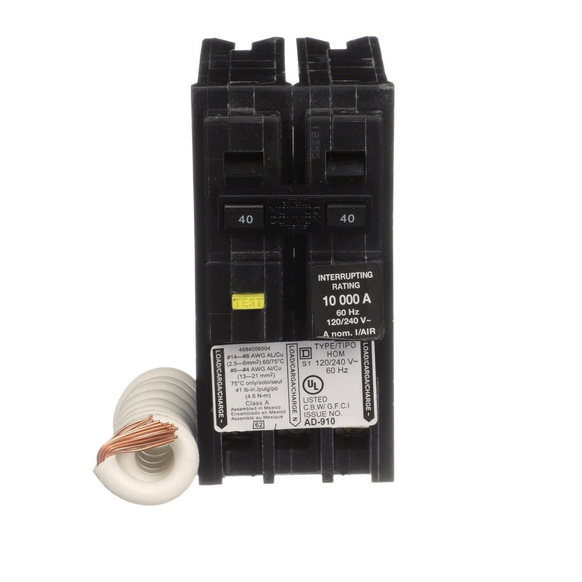 Square D™ HOM240GFIC Type HOM Miniature Circuit Breaker, 120/240 V AC, 40 A, 10 kA Interrupt, 2 Poles