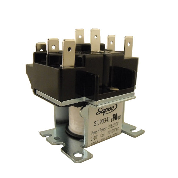 Supco® 90341 903X General Purpose Switching Fan Relay, 13.8 FLA at 120 V AC/7.6 FLA at 208 VAC/6.9 FLA at 240 VAC/6 FLA at 277 VAC, 2 Form C DPDT Contact, 120 V AC V Coil, For Use With HVACR Equipment, Fan Controls and Vending Machines