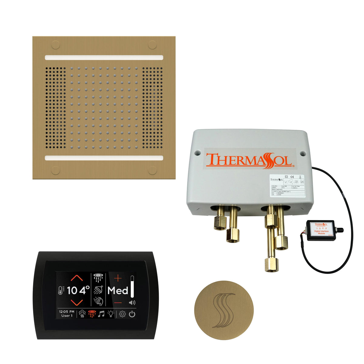 THERMASOL® TWPH14SR-SB Hydrovive Modern Shower Kit, LCD Display, Round Panel, Satin Brass