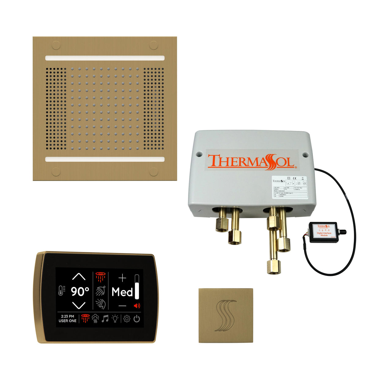THERMASOL® TWPH14SS-SB Hydrovive Modern Shower Kit, LCD Display, Square Panel, Satin Brass