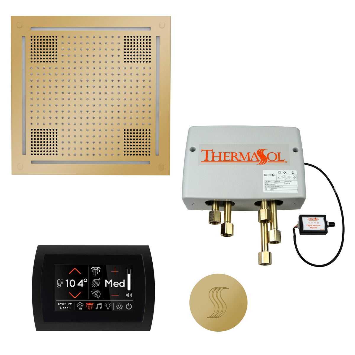 THERMASOL® TWPHSR-PB Hydrovive Modern Shower Kit, Round Panel, Polished Brass