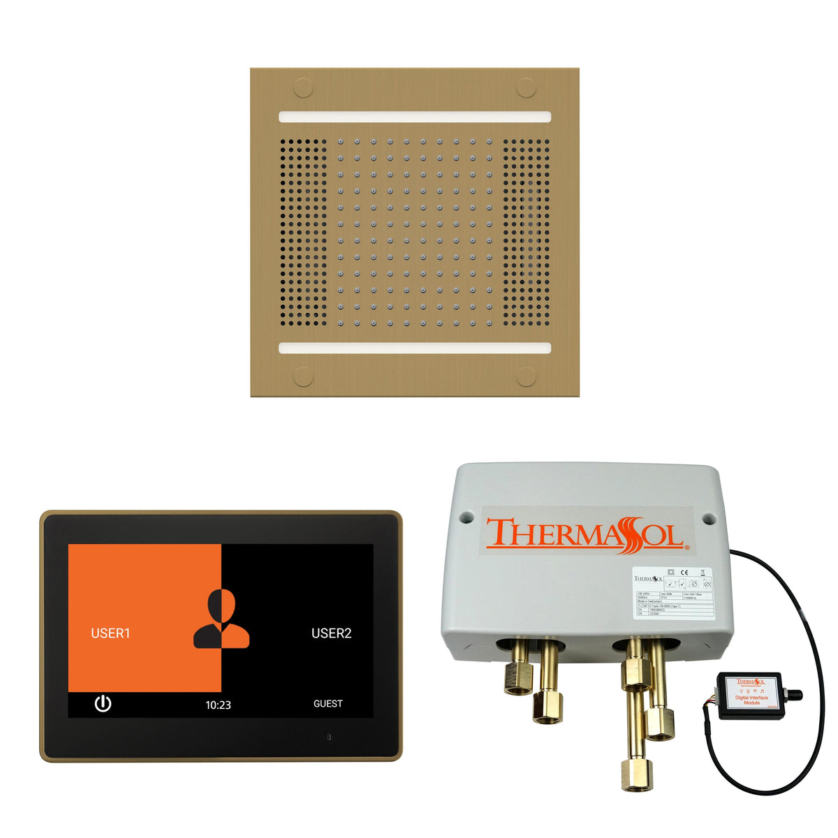 THERMASOL® WH14SP10S-SB WH14SP10S Hydrovive 14 Shower Kit, LCD Display, Square Panel, Satin Brass
