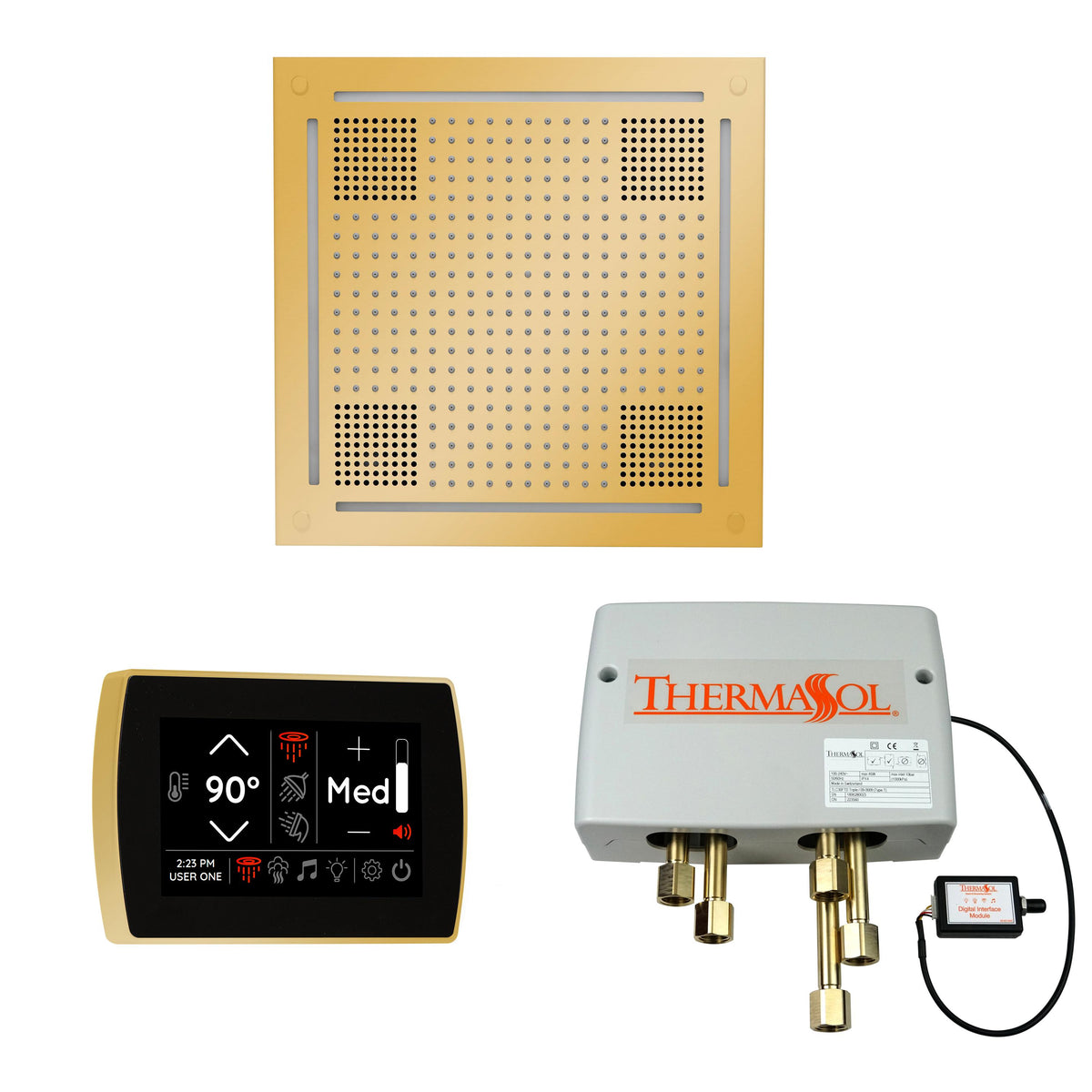 THERMASOL® WHSPSS-PG Hydrovive 18 Shower Kit, LCD Display, Square Panel, Polished Gold