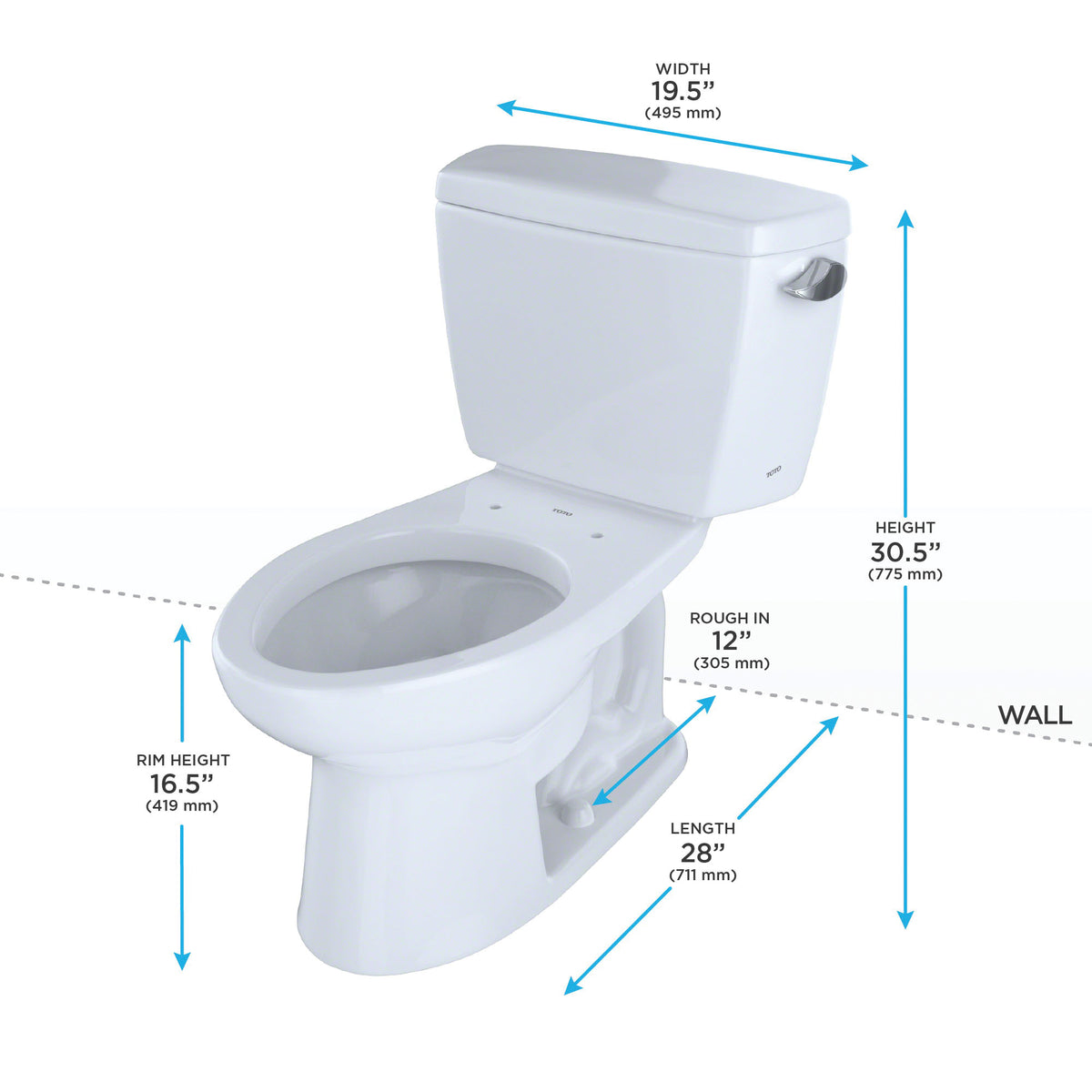 Toto® CST744ELR#01 Universal Height Close Coupled Toilet With Right-Hand Trip Lever, Eco Drake®, Elongated Bowl, 17-5/8 in H Rim, 12 in Rough-In, 1.28 gpf, Cotton White, Import