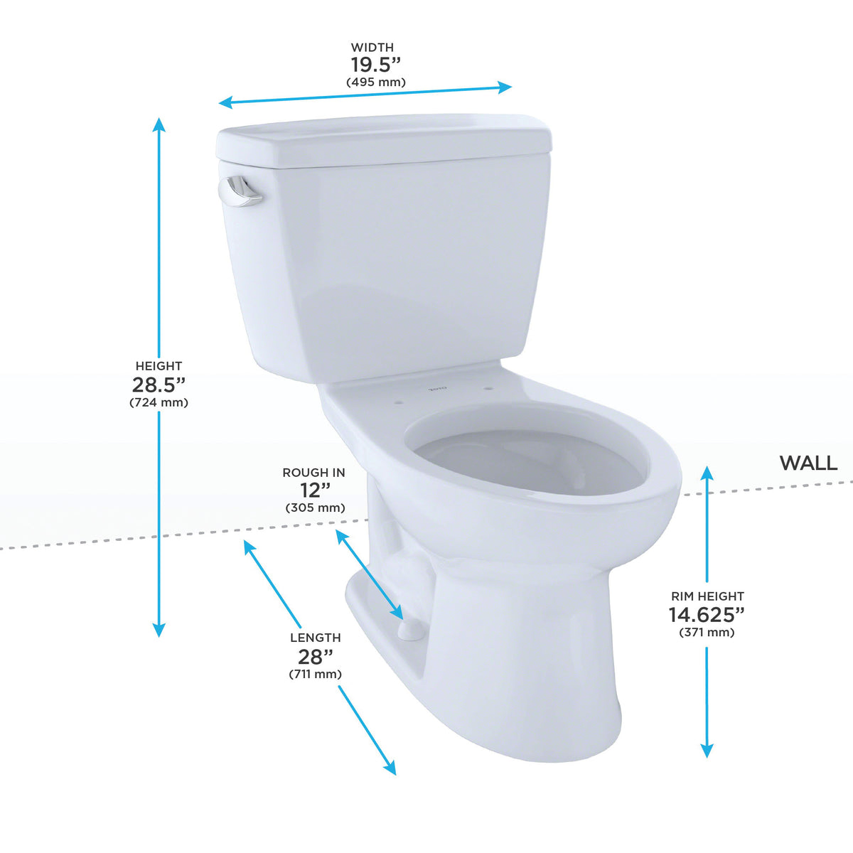 Toto® CST744SGB#01 2-Piece Universal Height Close Coupled Toilet With Left-Hand Chrome Trip Lever, Drake®, Elongated Bowl, 15-5/8 in H Rim, 12 in Rough-In, 1.6 gpf, Cotton White, Import