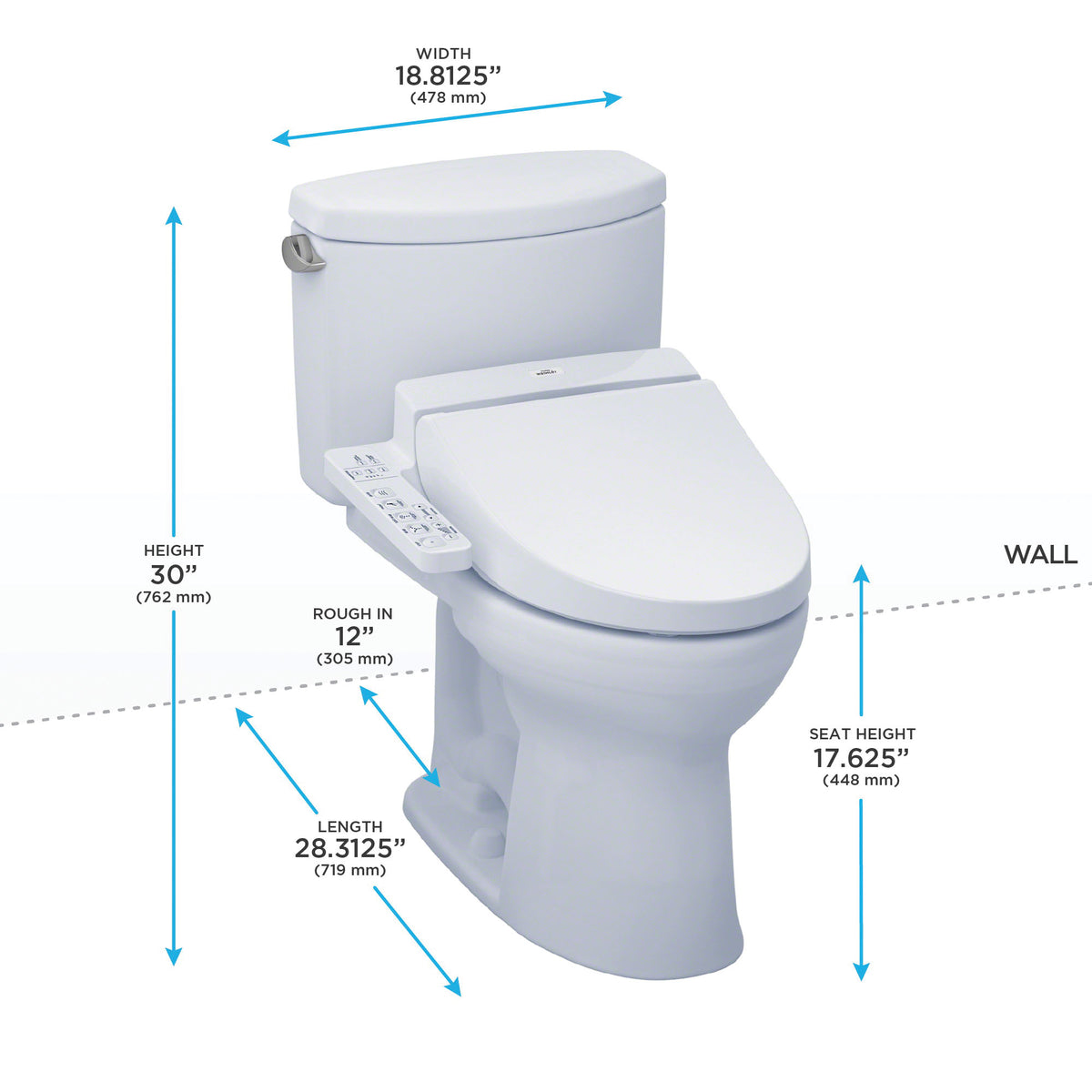 Toto® MW4542034CEFG#01 2-Piece Universal Height Toilet With Washlet® C100 Connect+, Drake® II Connect+™, Elongated Bowl, 17-5/8 in H Rim, 12 in Rough-In, 1.28 gpf, Cotton White, Import