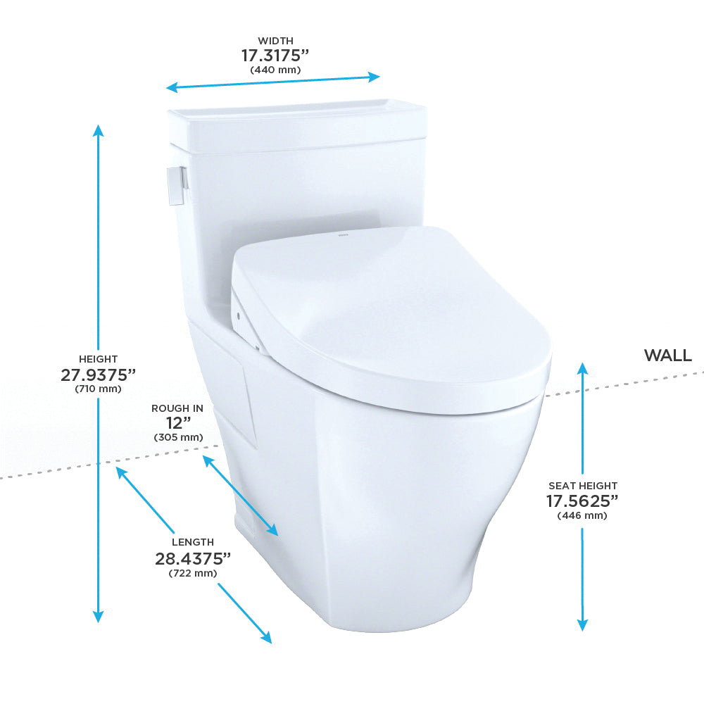 Toto® MW6263046CEFG#01 Universal Height 1-Piece Toilet With CEFIONTECT™ Ceramic Glaze, T40 Washlet® Aimes®, Elongated Bowl, 16-1/8 in H Rim, 12 in Rough-In, 1.28 gpf, Cotton White, Import