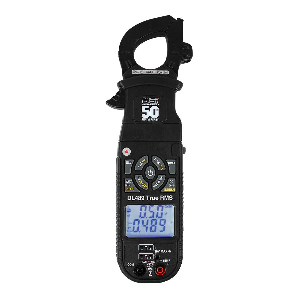 UEi Test Instruments™ DL489 Commemorative Edition Premium Digital Clamp Meter, 750 V AC/1000 V DC, 600 A AC/DC, 2000 uF, 60 MOhm, 99.999 Hz to 99.99 kHz, Up to 1-1/4 in Jaw, Dual Backlit Display