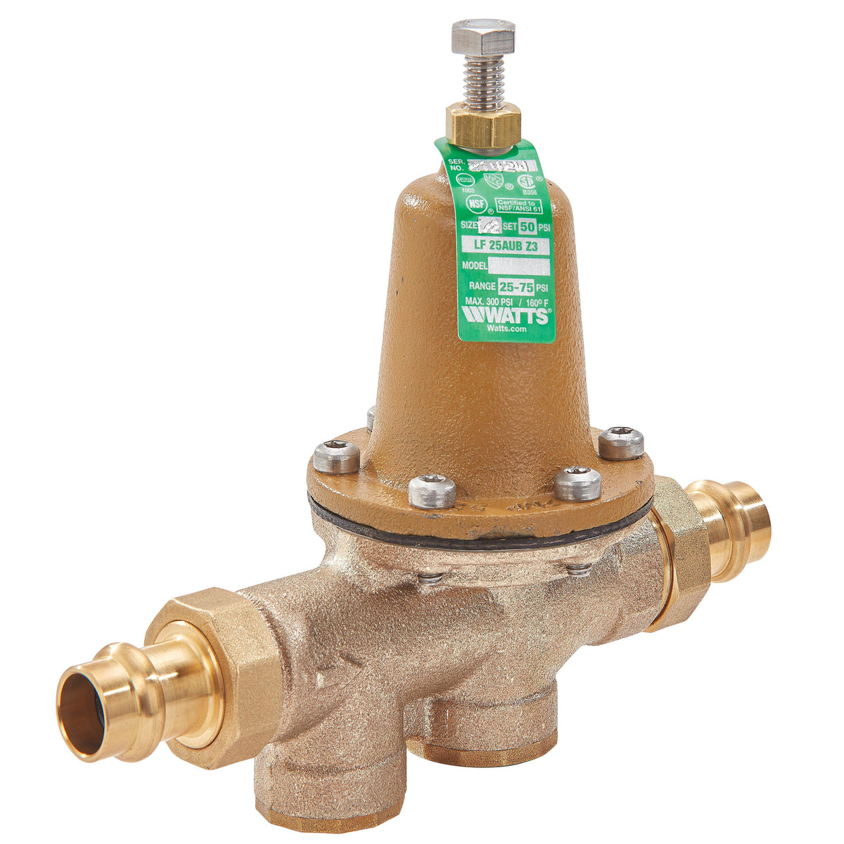 WATTS® 88006871 LF25AUB-Z3 Standard Water Pressure Reducing Valves, 1/2 in Nominal, Double Union Press End Style, 25 to 75 psi Pressure, Copper Silicon Alloy Body